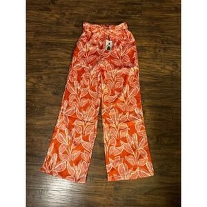 Sincerely Jules Satin Wide Leg Dress Pants Orange Tropical Floral Tie Belt Sz:L